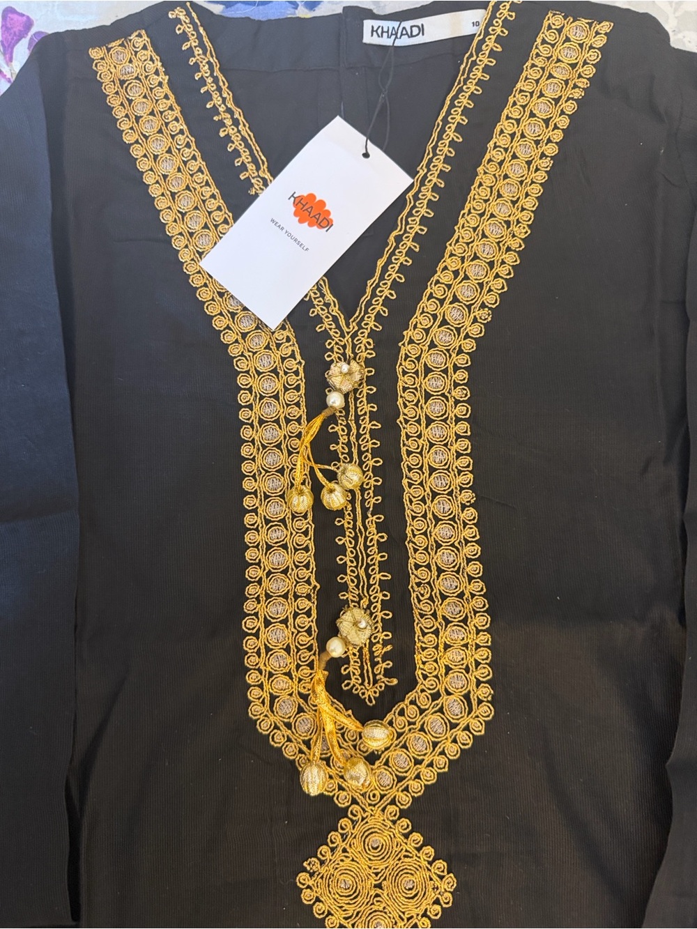 Khaadi Black Long Sleeve Dress with Gold Embroidered Trim